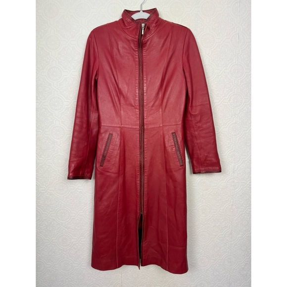 Vintage Jackets & Blazers - Vintage Retro Red Leather Jacket Longline Trench Old School 90s‎ Y2K Spice Girls